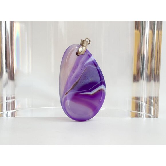Purple Agate Sliced Smooth Crystal Freeform Silver T Teardrop Vintage Pendant - Picture 8 of 10